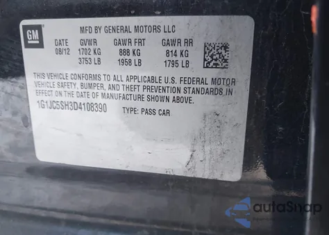 2013 Chevrolet Sonic Lt Auto из США, поврежденный, VIN 1G1JC5SH3D4108390